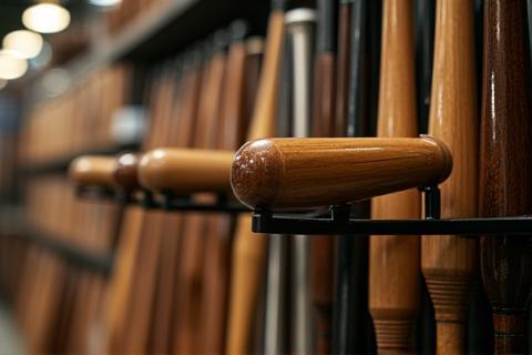 Baseball bats displayed on a rack