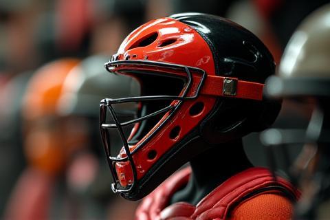 Closeup of catcher's gear on display