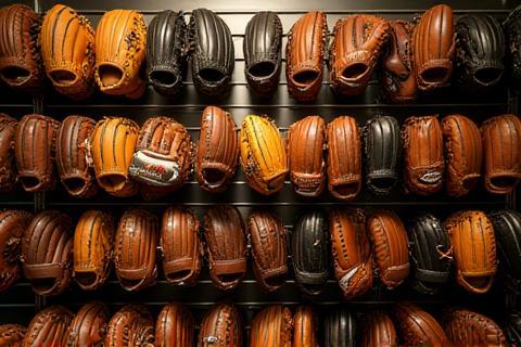 Wall display of baseball gloves in the store