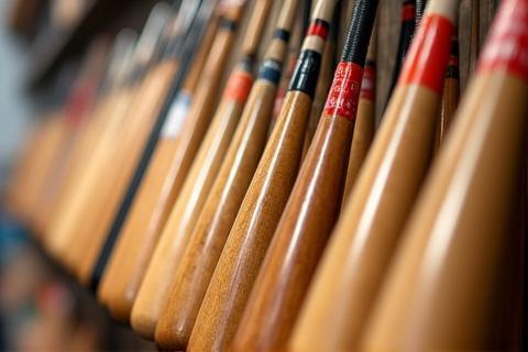 Closeup image of baseball bats on display