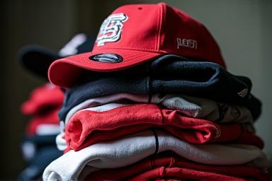 Stack of baseball caps and jerseys