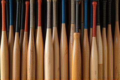Collection of baseball bats leaning against a wall