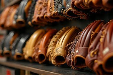 Row of baseball gloves on a shelf