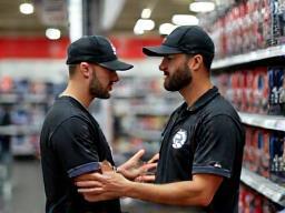 Image of staff member helping a customer with baseball gear