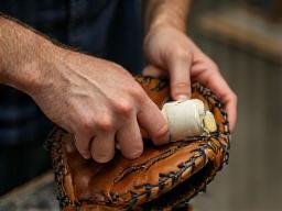 Image showing a baseball glove being broken in with a mallet